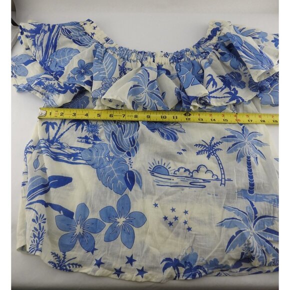 Artelier Nicole Miller Blue White Tropical Off Shoulder Ruffle Top Sz S Boho - Picture 6 of 9